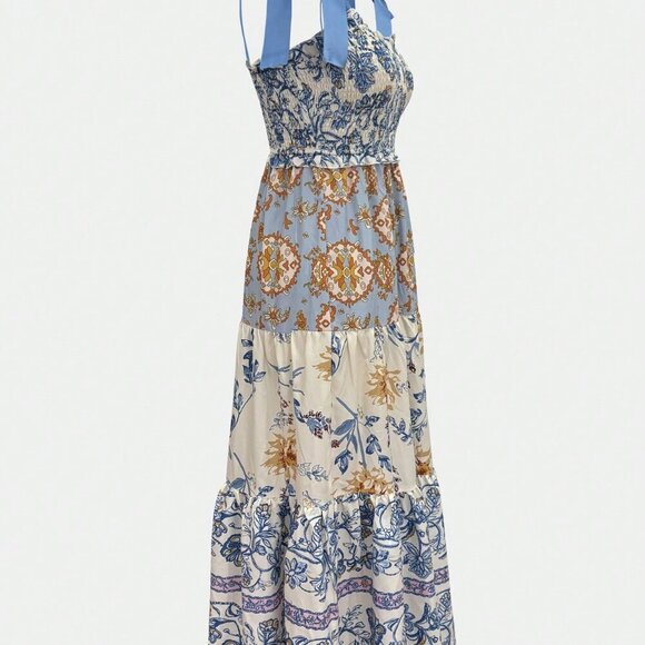 Multicolor Casual Women's Floral Print Lace-Up Spaghetti Strap Pleated Dress - Picture 5 of 6